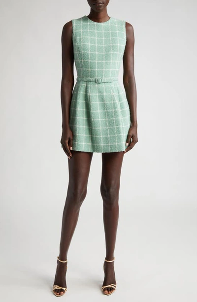 Oscar De La Renta Windowpane Plaid Belted Boucl Tweed Dress In Green |  ModeSens