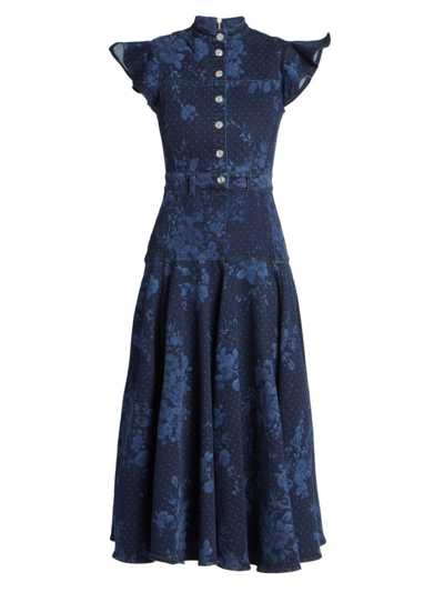 Erdem Ruffled Printed Denim Midi Dress In Blue