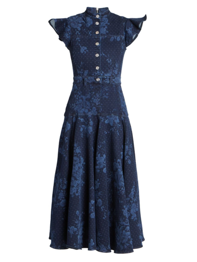 Erdem Ruffled Printed Denim Midi Dress In Ophelia Vine Indigo