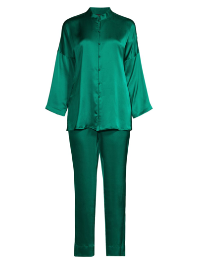 Josie Natori Natori Key Essentials Mandarin Silk Pyjamas In Deep Emerald