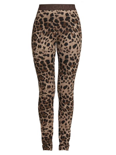 Dolce & Gabbana Logo-waistband Leopard-print Leggings In Neutrals