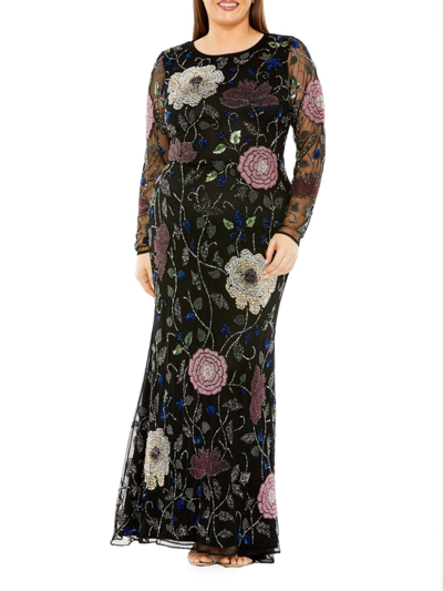 Mac Duggal Women's Embroidered Floral Long-sleeve Column Gown In Black Multi