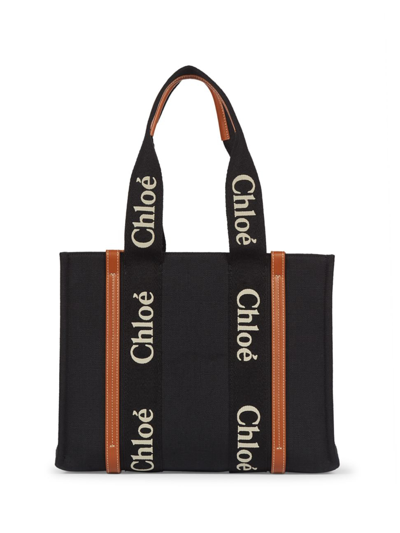 Chloé Woody Medium Linen And Leather Tote Bag In Black,beige