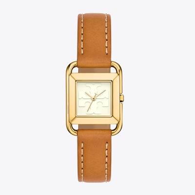 Tory Burch Miller Watch, Leather/gold-tone Stainless Steel In Ivory/cammello