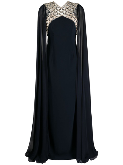 Jenny Packham Natalie Embellished Caped Gown In Blue
