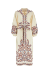 Zimmermann Devi Embroidered Long Sleeve Wrap Linen Midi Dress In Printed