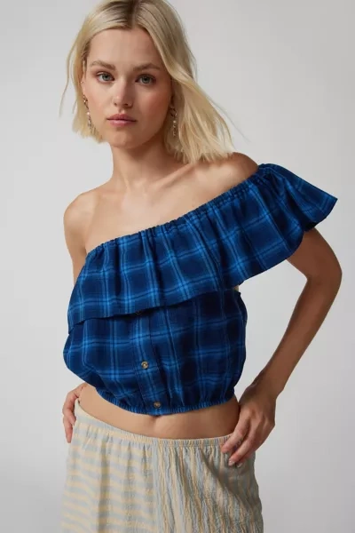 Urban Renewal Remade One Shoulder Flannel Ruffle Top In Blue