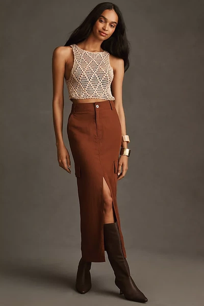 Moon River Front Slit Midi Skirt In Brown