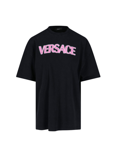 Versace Woman Black Cotton T-shirt In Multi-colored