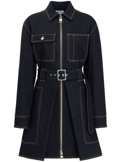 Alexander Mcqueen Zip-up Denim Shirt Dress In Indigo