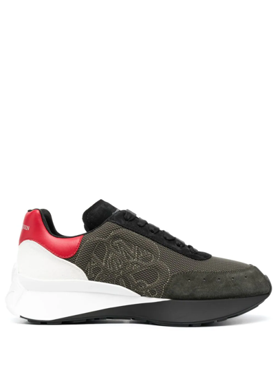 Alexander Mcqueen Mens Green Comb Sprint Runner Rose-stitched Leather And Mesh Trainers