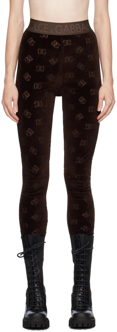 Dolce & Gabbana Logo-debossed Cotton Leggings In Brown