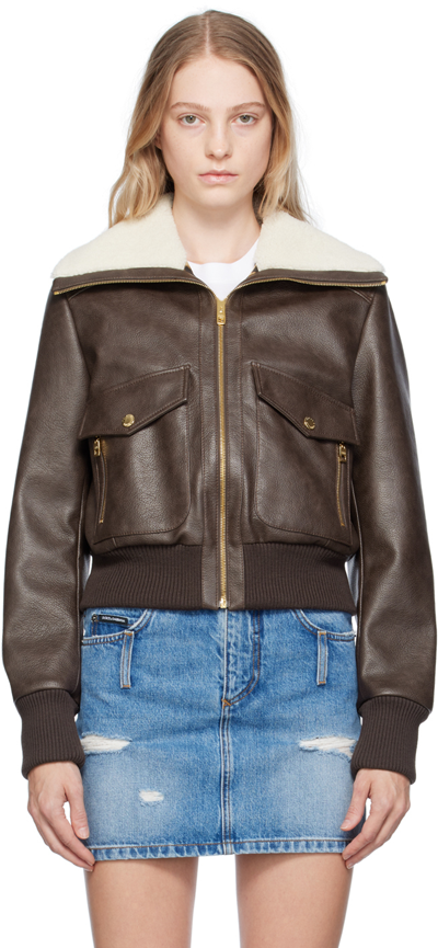 Dolce & Gabbana Shearling-collar Bomber Jacket In Brown
