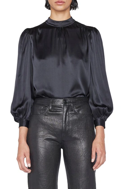 Frame Mock Neck Silk Blouse In Noir