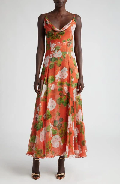 Oscar De La Renta Geranium Silk Chiffon Gown In White/sienna