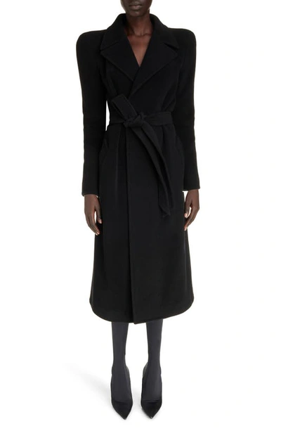 Balenciaga Round Shoulder Cashmere & Wool Blend Wrap Coat In Black