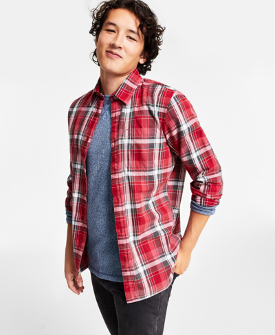 Sun + Stone Men's Diego Plaid Long-sleeve Shirt, Created For Macy's In Worn Red