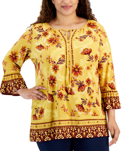 Jm Collection Women's Camila Border-print Embellished Top, Created For Macy's In Saffon Gold Combo
