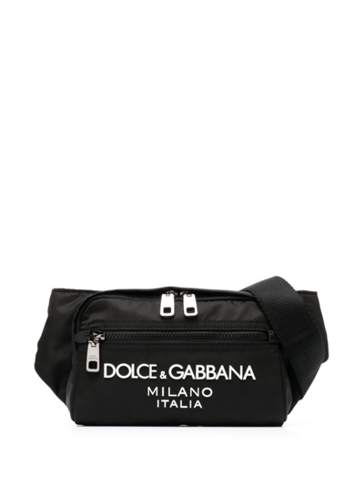 DOLCE & GABBANA BLACK RAISED LOGO BELT BAG