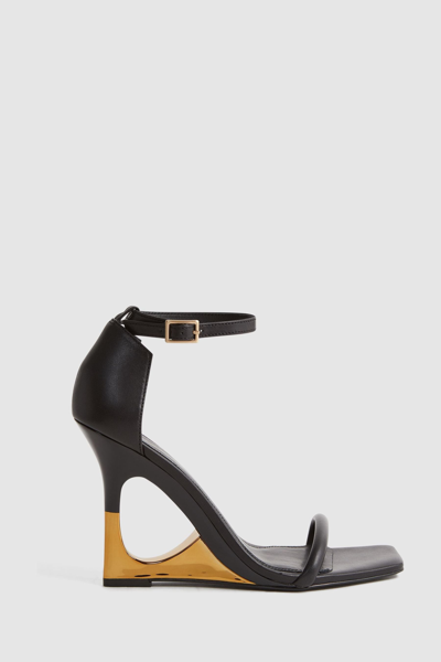 Reiss Cora - Black/gold Leather Strappy Wedge Heels, Uk 7 Eu 40