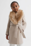 Reiss Kids' Brooks - Oatmeal Junior Faux Fur Collar Wool Coat, Age 8-9 Years