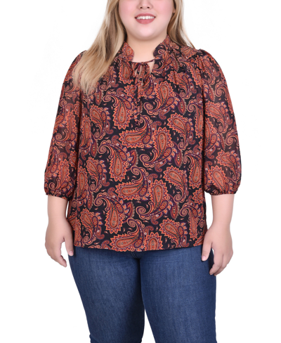 Ny Collection Plus Size 3/4 Sleeve Chiffon Blouse In Rust Black Paisley