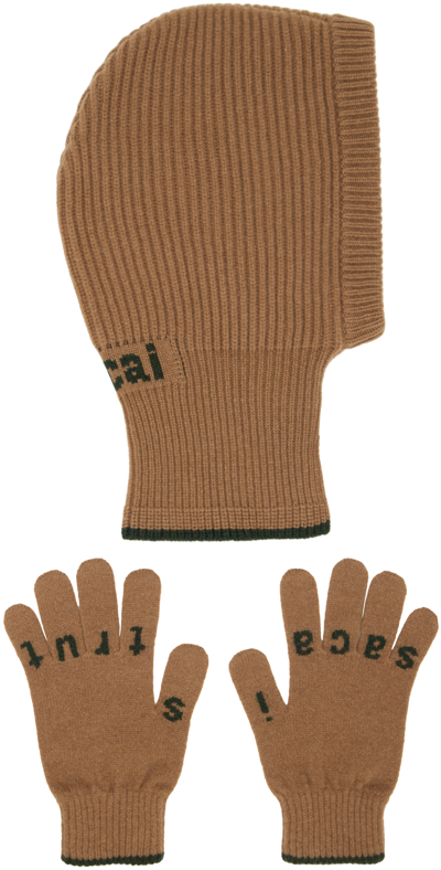 Sacai Beige Jacquard Balaclava & Glove Set In 651 Beige