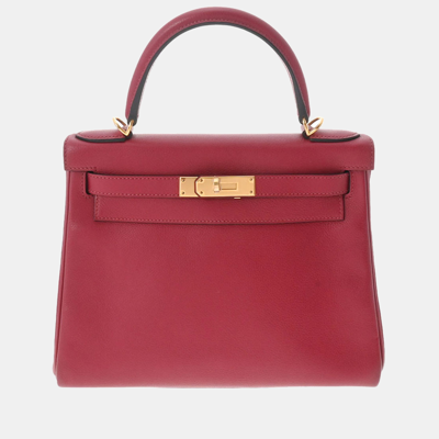 Pre-owned Hermes Red Evercolor Leather Gold Hardware Kelly 28 Bag