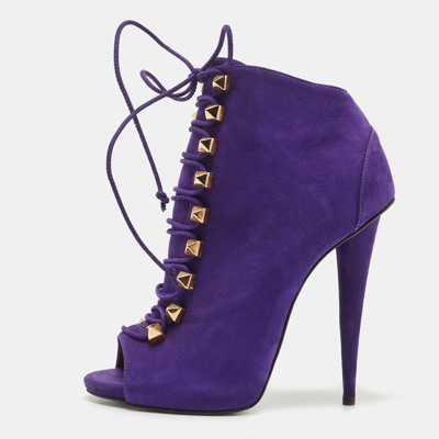 Pre-owned Giuseppe Zanotti Purple Nubuck Leather Studded Lace Up Ankle Booties Size 38