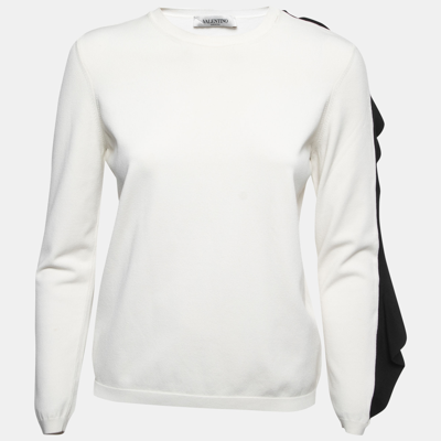 Pre-owned Valentino White Knit Contrast Frill Detail Sleeve Top L