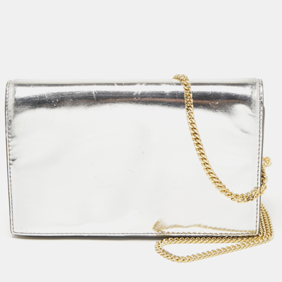 Pre-owned Diane Von Furstenberg Silver Laminated Leather Flap Chain Bag