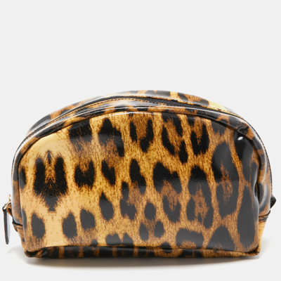 Pre-owned Roberto Cavalli Brown/black Leopard Print Coated Canvas Cosmetic Pouch