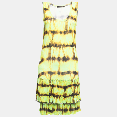 Pre-owned Roberto Cavalli Neon Green/yellow Abstract Print Jersey Frilled Sleeveless Short Dress S