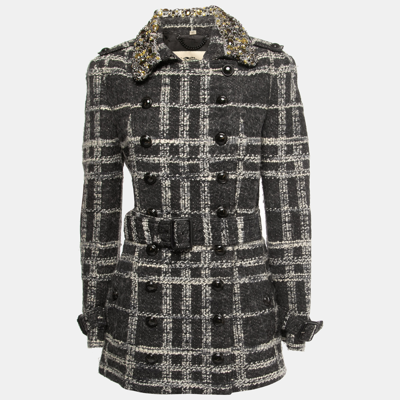 Pre-owned Burberry Black/grey Checked Wool Embellished Collar Coat M