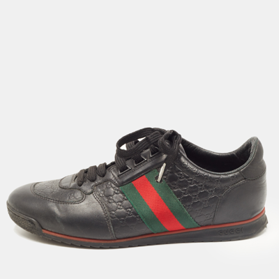 Pre-owned Gucci Black Microssima Leather Web Low Top Trainers Size 40.5