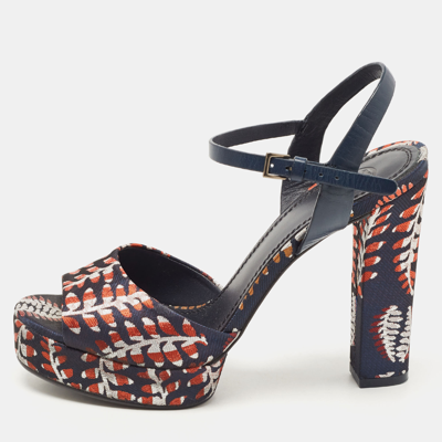 Pre-owned Tory Burch Navy Blue/red Brocade Fabric Ankle Strap Sandals Size 38.5 In Multicolor
