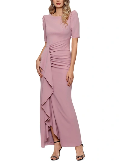 Xscape Petites Womens Cascade Ruffle Long Evening Dress In Pink