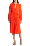 Hugo Boss Belted Shirt Dress With Collarless Styling And Button Cuffs In Orange
