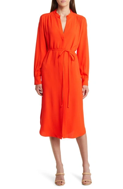 Hugo Boss Belted Shirt Dress With Collarless Styling And Button Cuffs In Orange