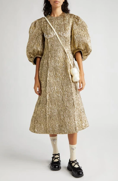 Simone Rocha Puff-sleeve Embellished-cup Midi Dress In Gold