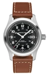 HAMILTON KHAKI FIELD AUTOMATIC LEATHER STRAP WATCH, 42MM