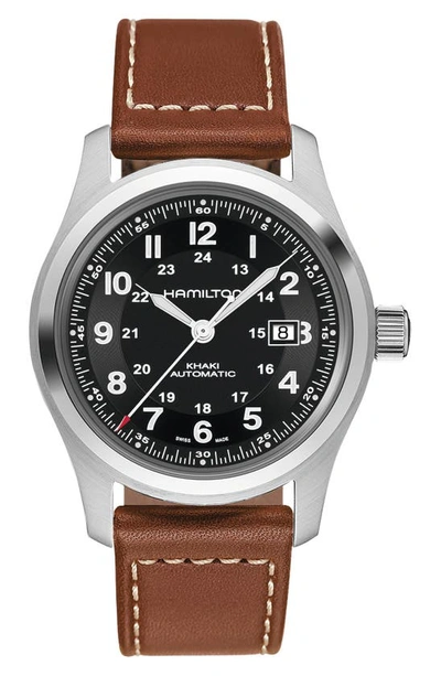 HAMILTON KHAKI FIELD AUTOMATIC LEATHER STRAP WATCH, 42MM