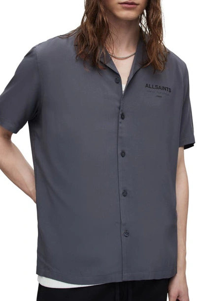 Allsaints Underground Logo Print Relaxed Fit Button Down Camp Shirt In Pipe Grey
