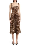 Dolce & Gabbana Leopard-print Calf-length Cady Dress In Brown