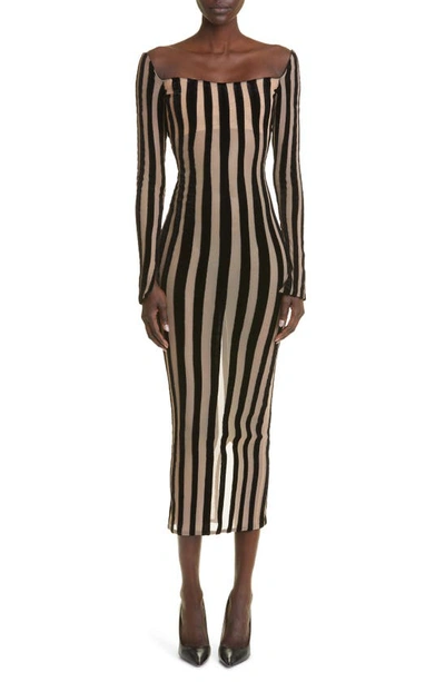 Laquan Smith Stripe Semisheer Long Sleeve Midi Dress In Beige/ Black