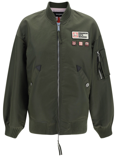 Dsquared2 Green Bomber Jacket With Application In Multicolor