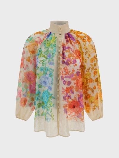 Zimmermann Raie Billow Floral-print Ramie Blouse In Multicolor