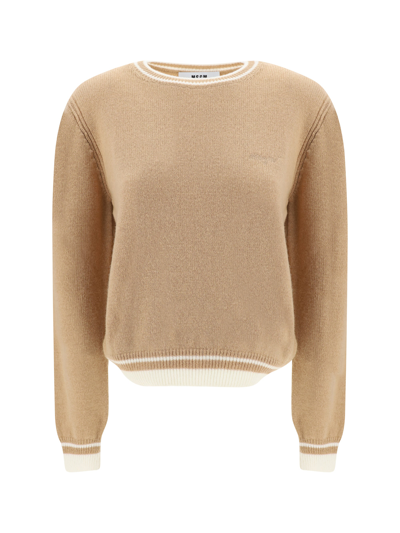 Msgm Emrboidered-logo Wool-cashmere Blend Jumper In Beige