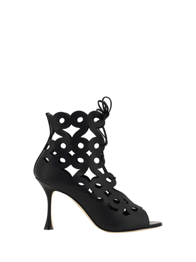 Manolo Blahnik Taralo Perforated Lace-up Ankle Booties In Black