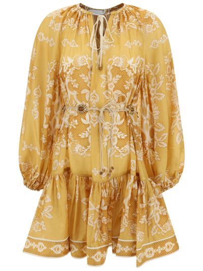 Zimmermann Yellow Raie Floral Print Silk Dress In Gold